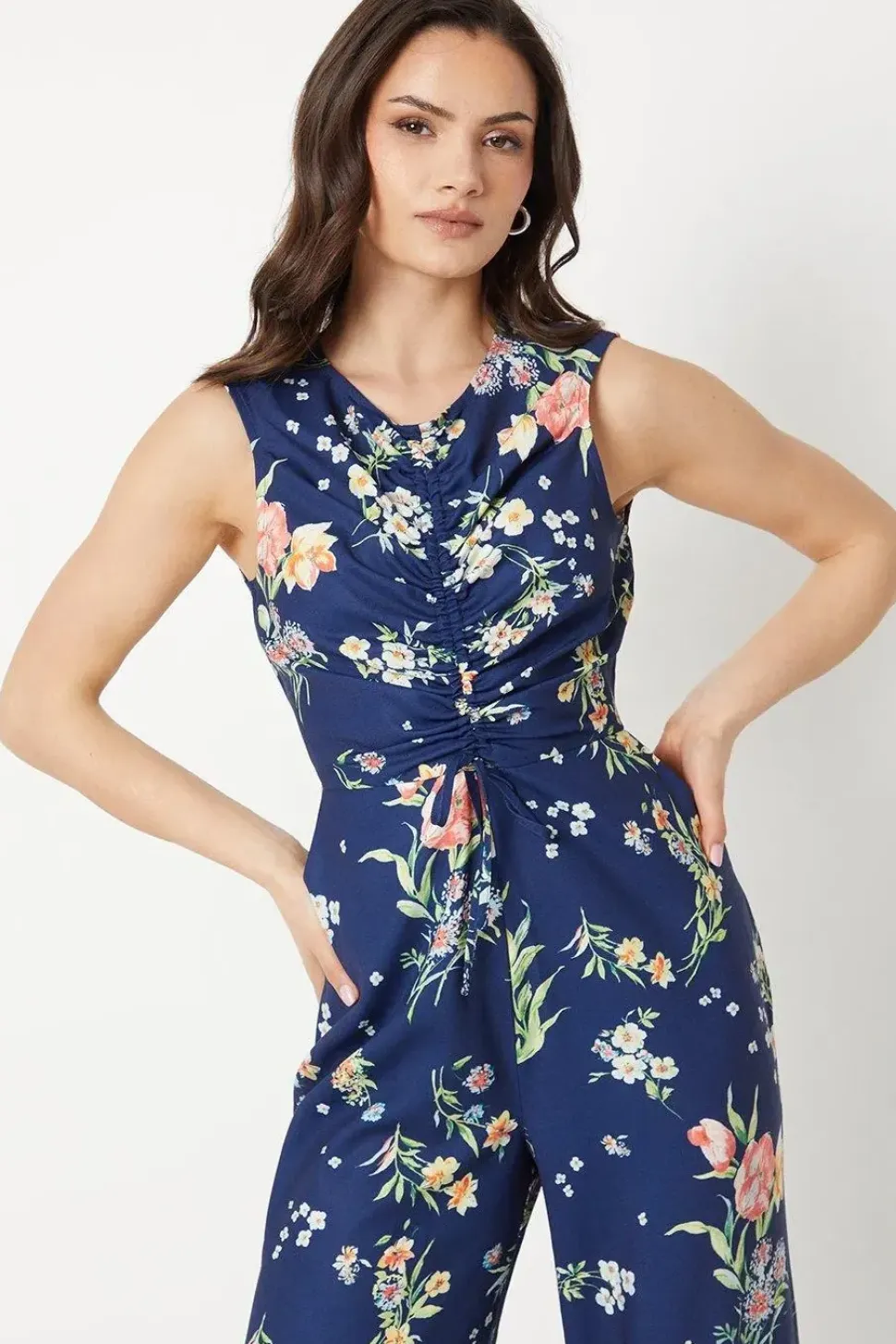 Floral Poly Moss Crepe Ruched Front Wide Leg Jumpsuit