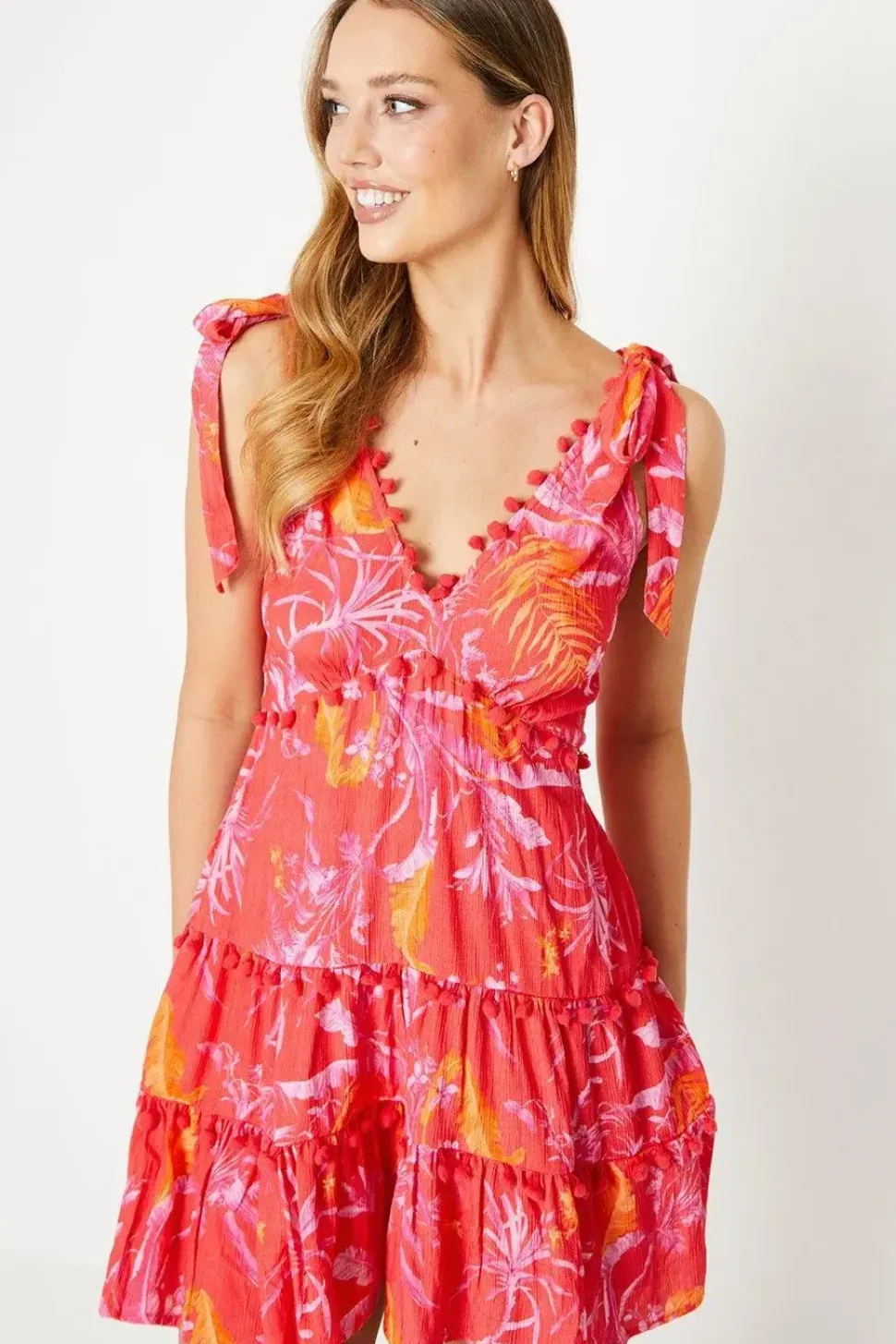 Floral Pom Pom Trim Tie Shoulder Crinkle Mini Dress