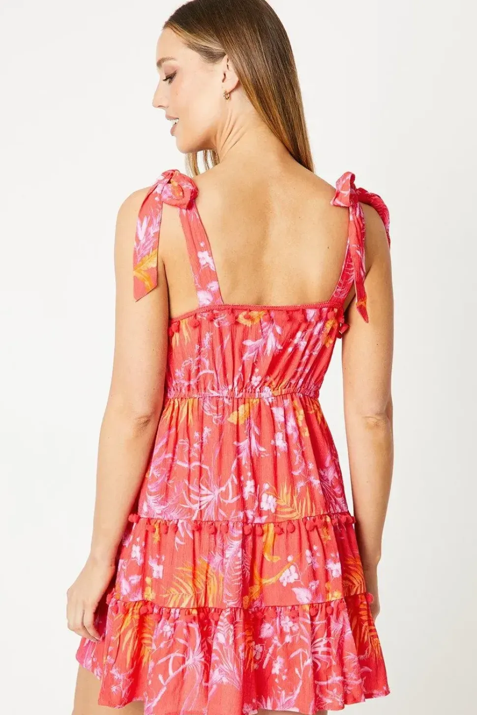 Floral Pom Pom Trim Tie Shoulder Crinkle Mini Dress
