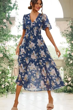 Floral Print Angel Sleeve Maxi Dress In Blue