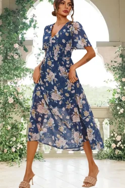 Floral Print Angel Sleeve Maxi Dress In Blue