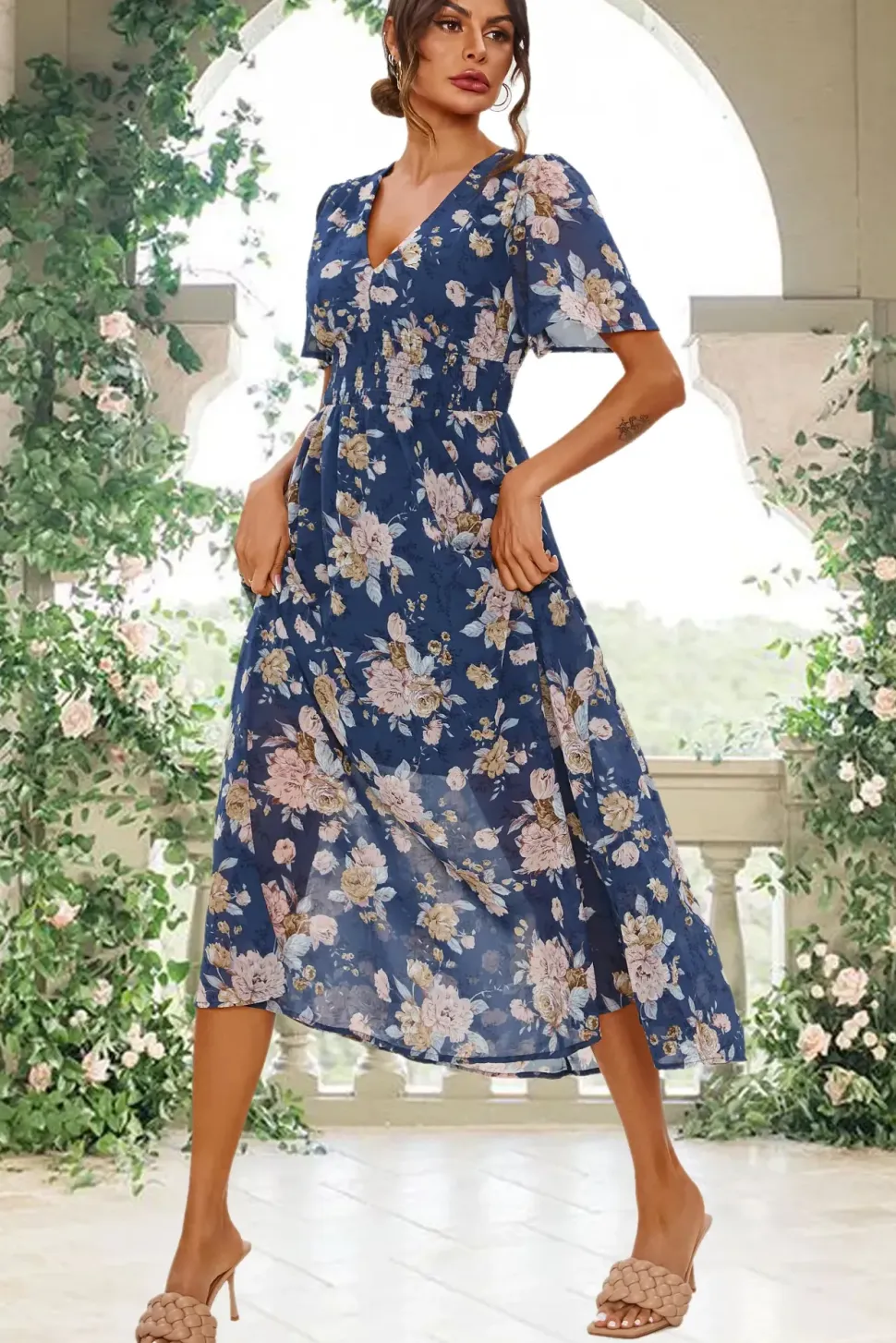 Floral Print Angel Sleeve Maxi Dress In Blue