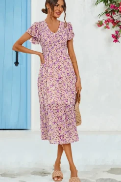 Floral Print Angel Sleeve Midi Dress In Purple