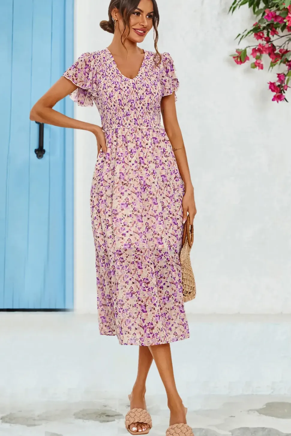 Floral Print Angel Sleeve Midi Dress In Purple
