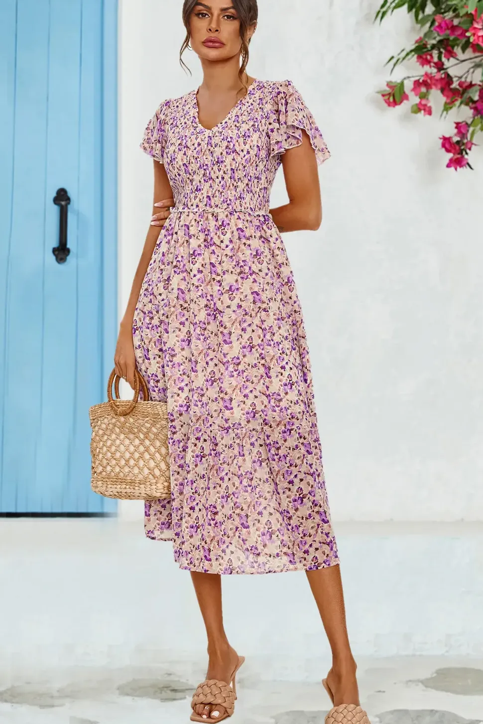 Floral Print Angel Sleeve Midi Dress In Purple