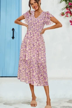 Floral Print Angel Sleeve Midi Dress In Purple