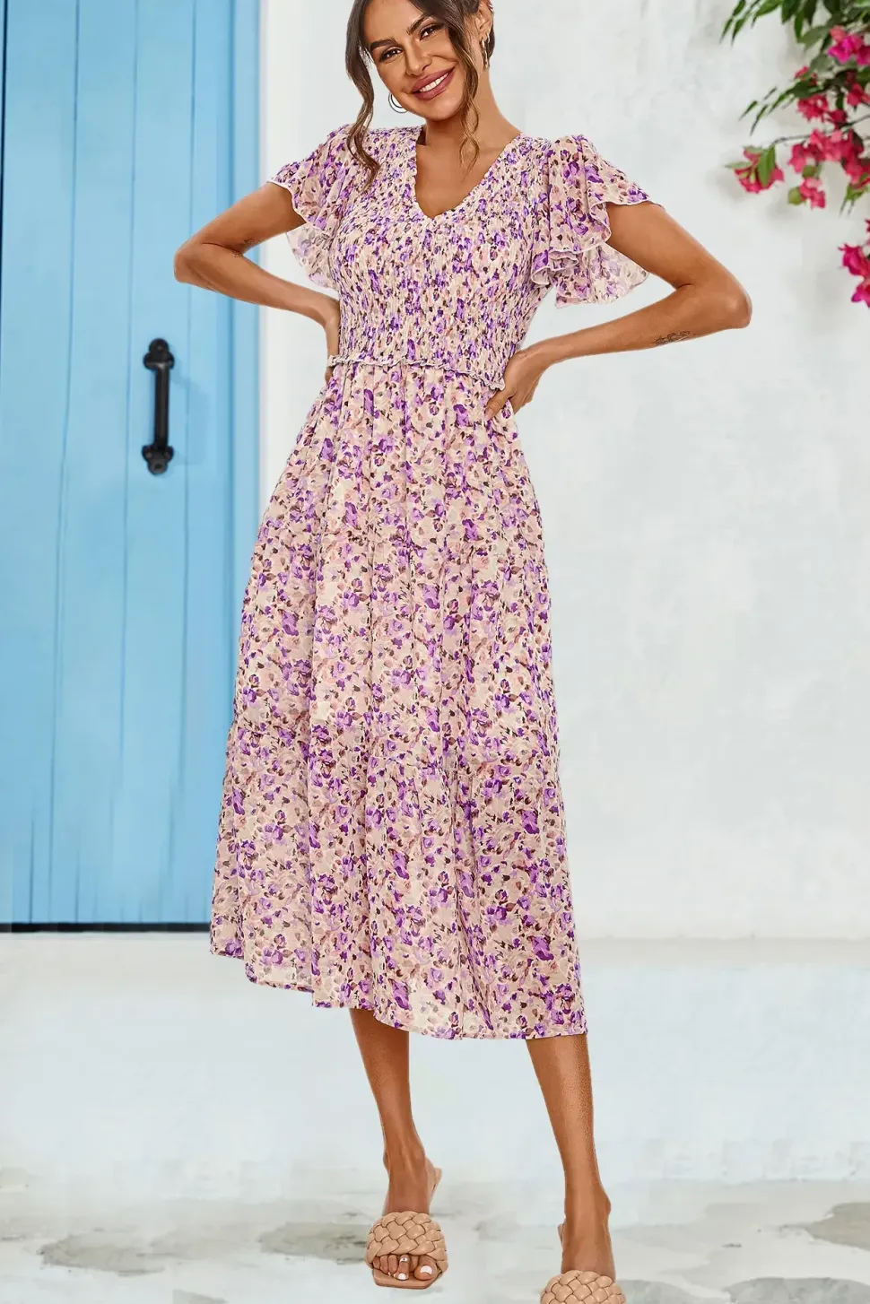 Floral Print Angel Sleeve Midi Dress In Purple