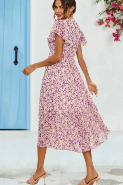 Floral Print Angel Sleeve Midi Dress In Purple