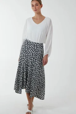 Floral Print Asymmetric Midi Skirt
