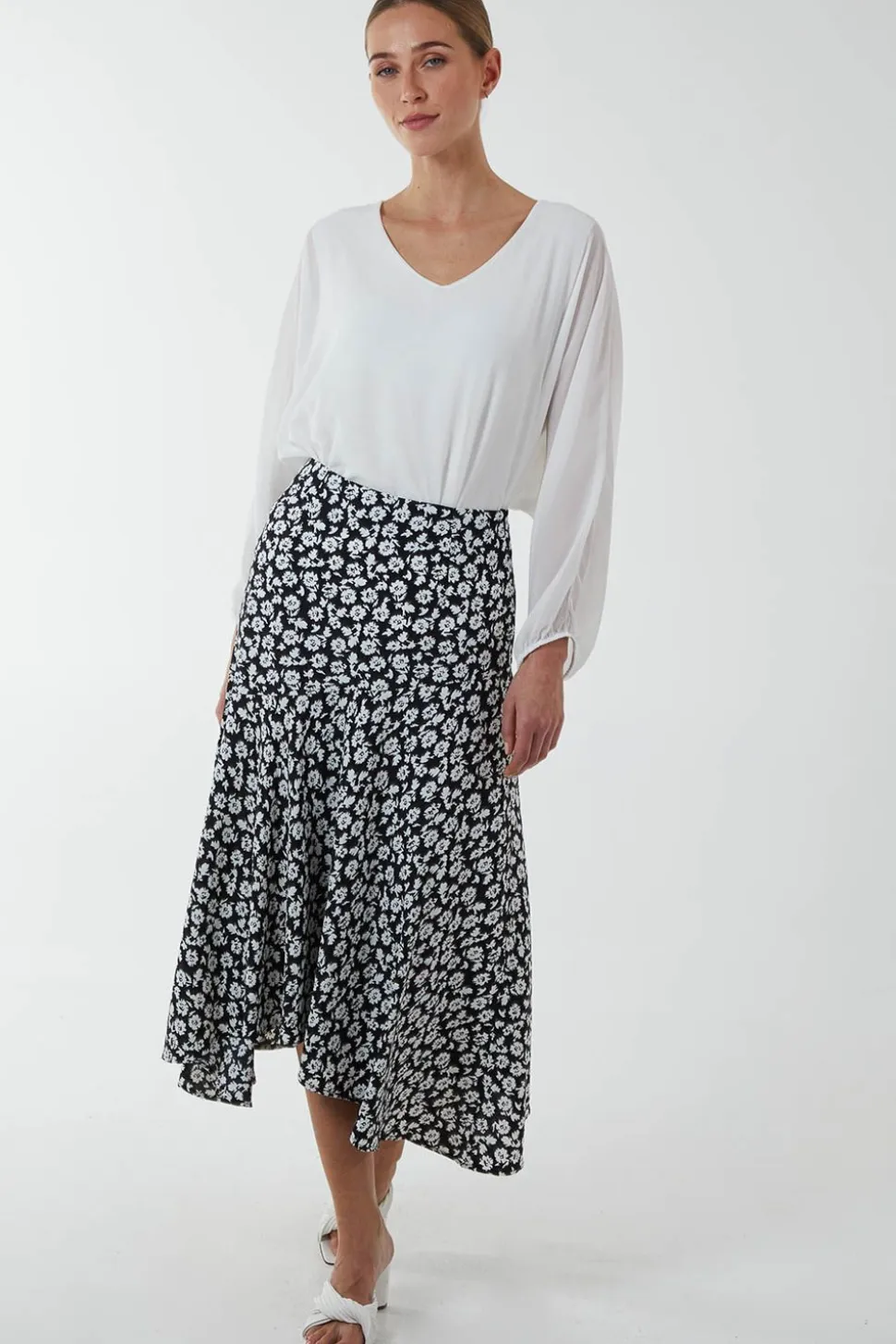 Floral Print Asymmetric Midi Skirt