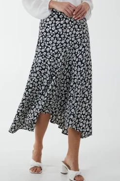 Floral Print Asymmetric Midi Skirt