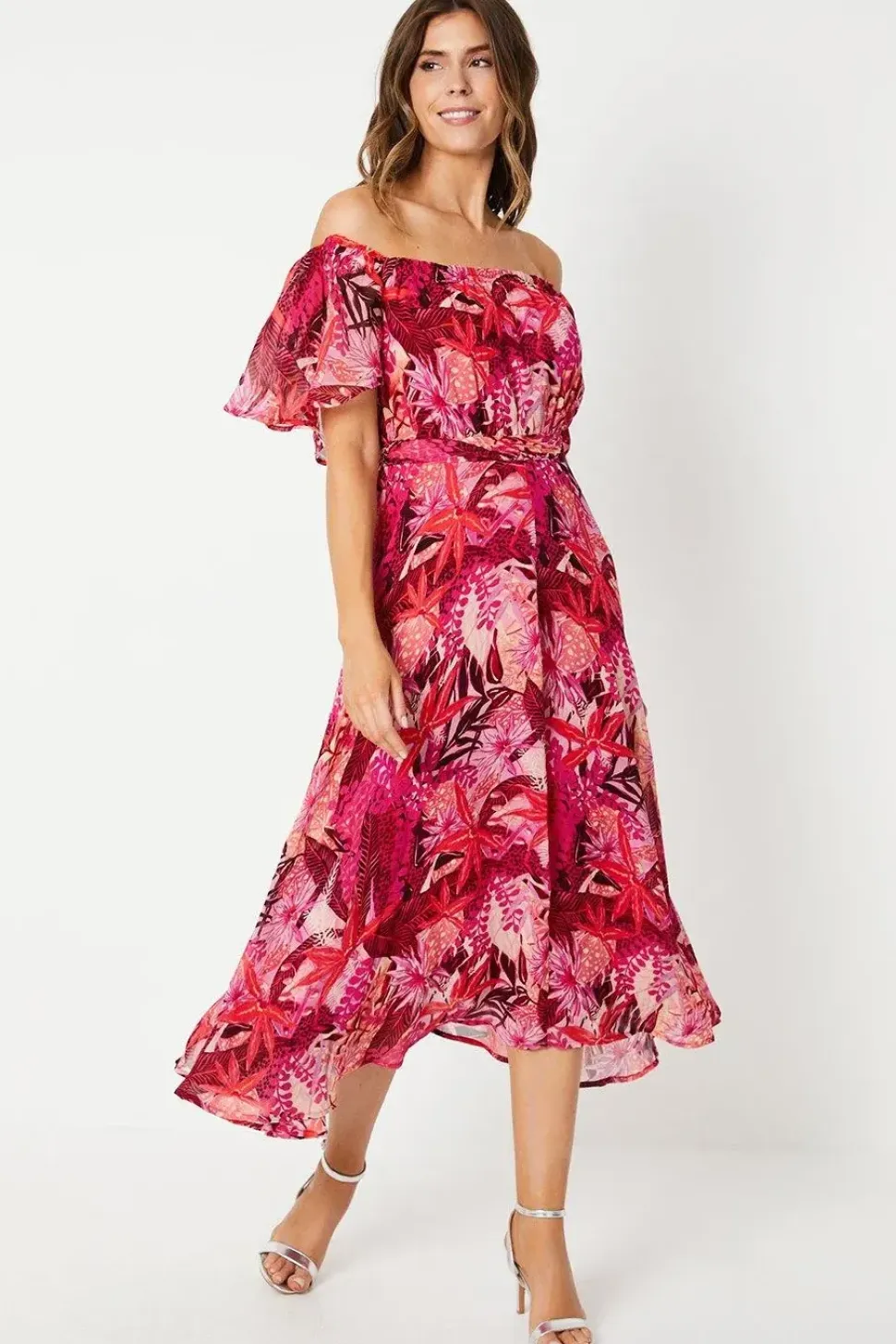 Floral Print Bardot Ruffle Midaxi Dress