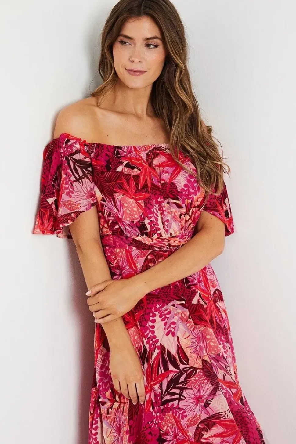 Floral Print Bardot Ruffle Midaxi Dress