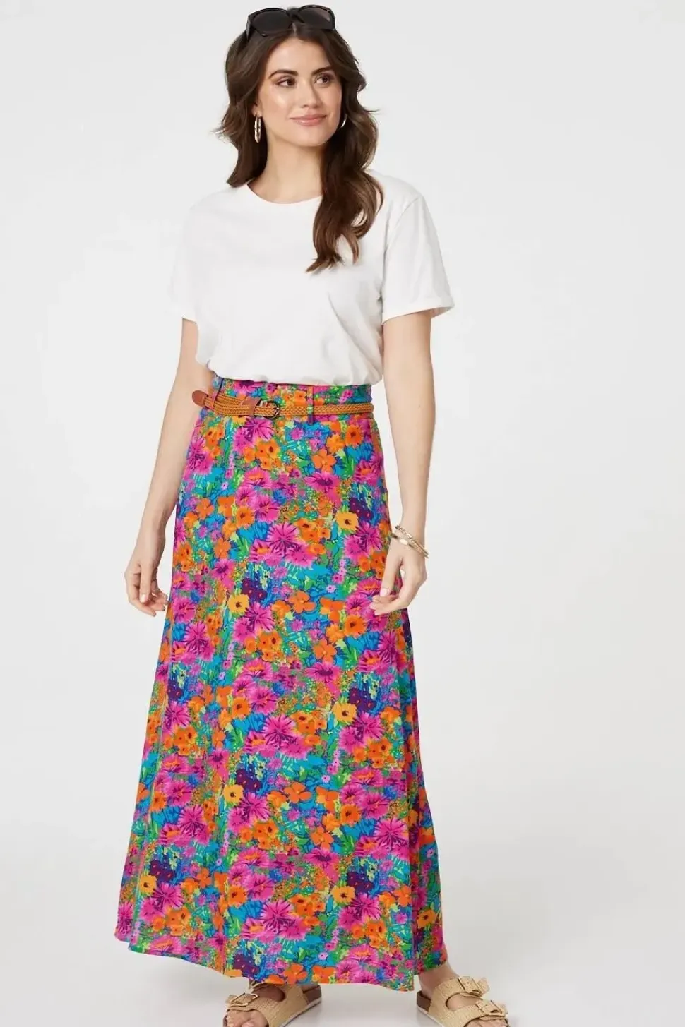 Floral Print Belted A-Line Maxi Skirt