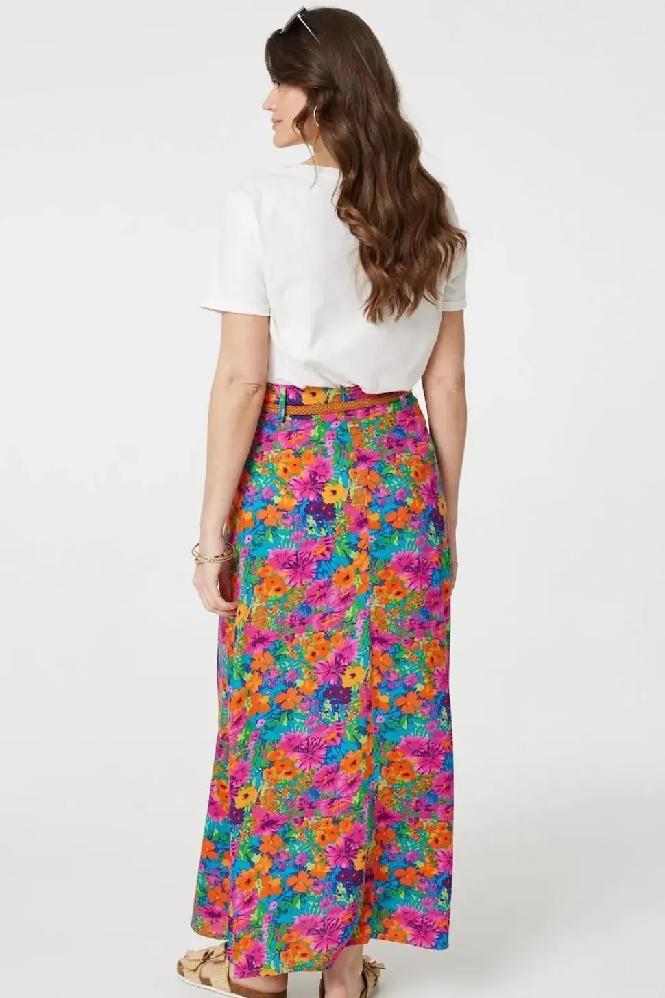 Floral Print Belted A-Line Maxi Skirt