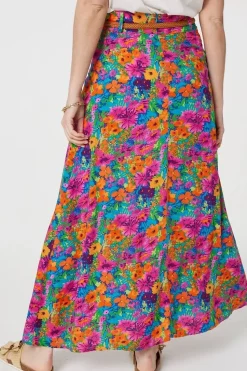 Floral Print Belted A-Line Maxi Skirt