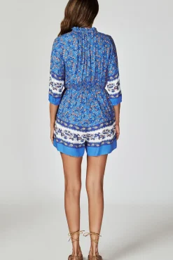 Floral Print Boho Playsuit With Buttons In Blue