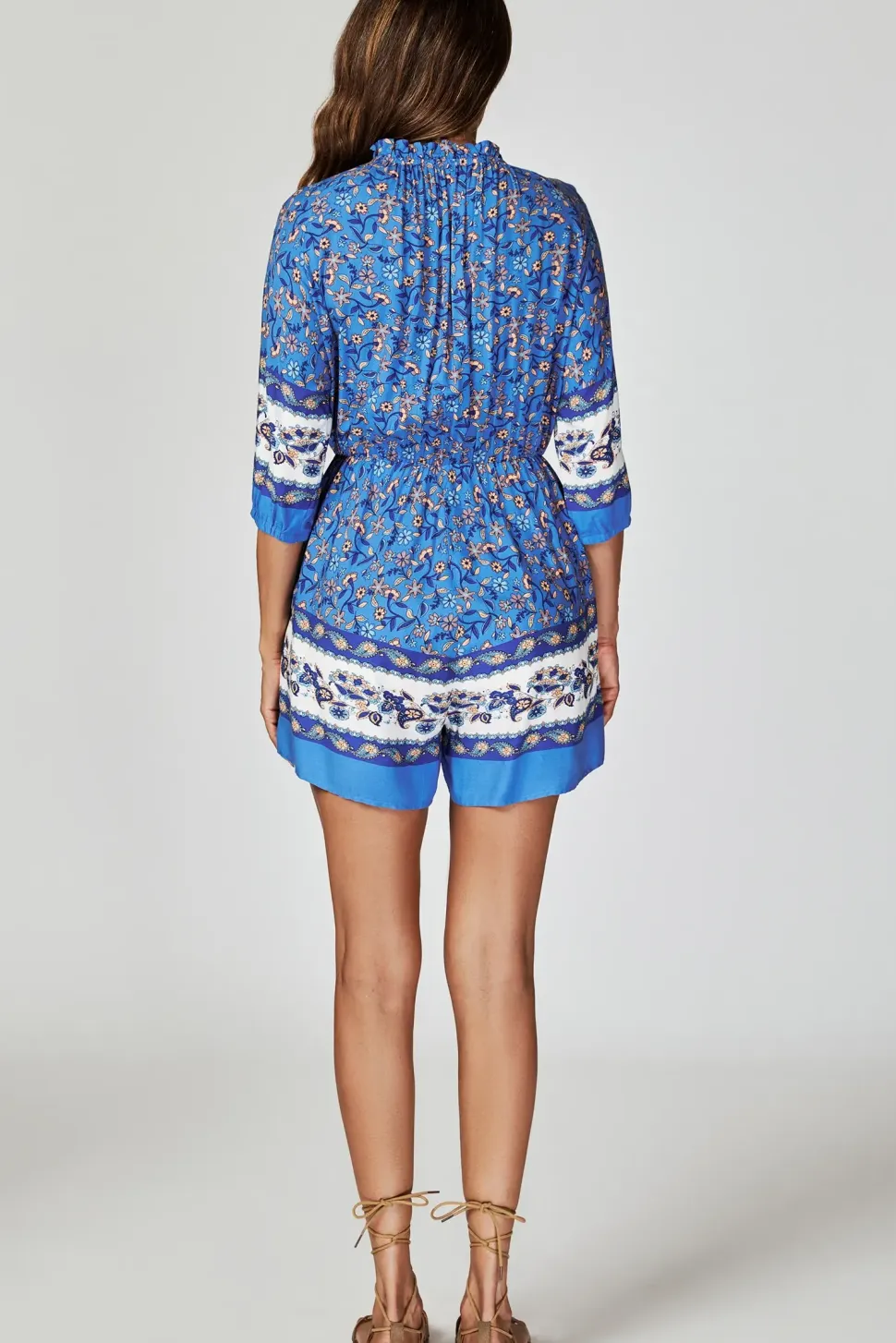 Floral Print Boho Playsuit With Buttons In Blue
