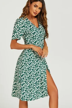 Floral Print Button Tea Midi Dress In Green