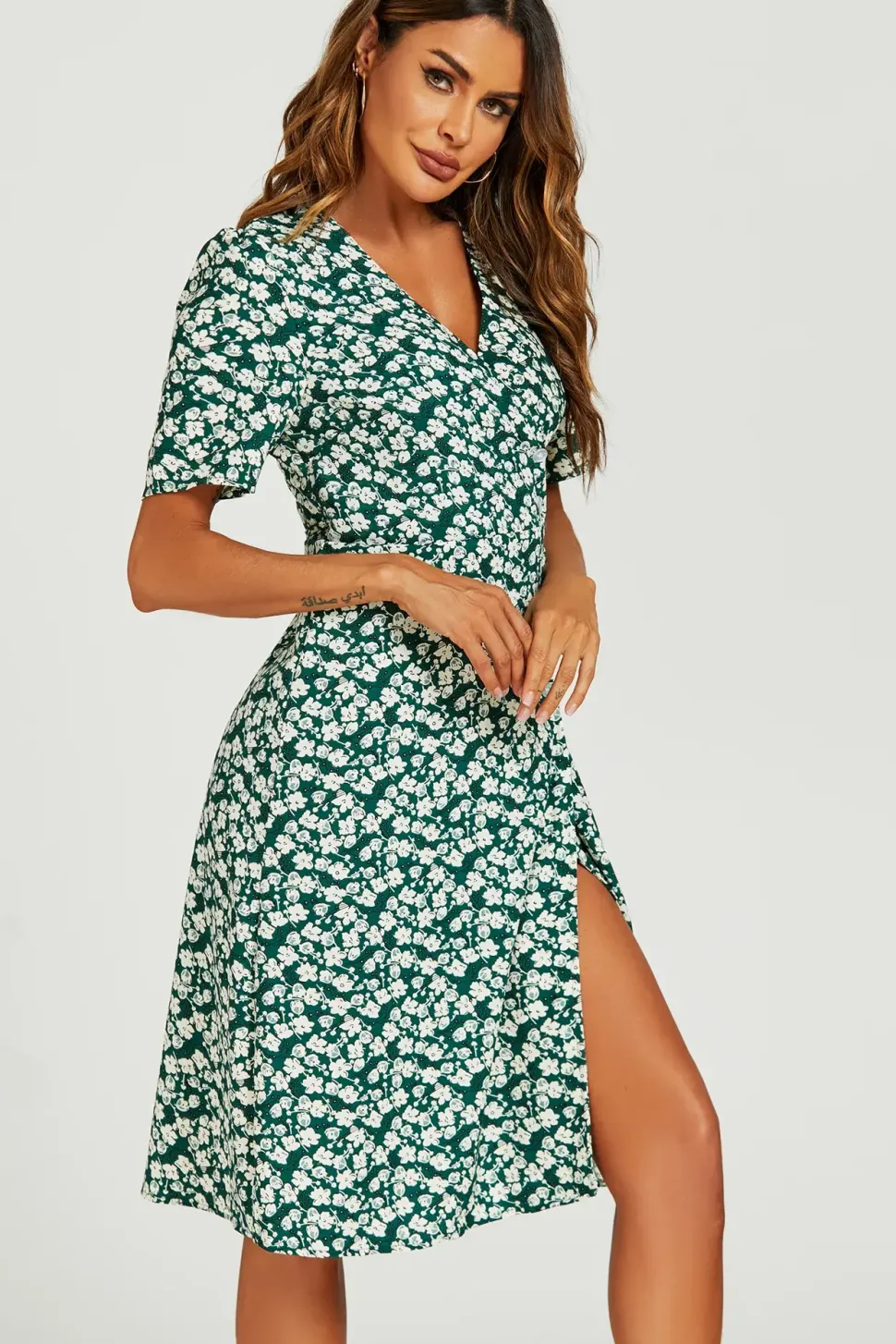 Floral Print Button Tea Midi Dress In Green