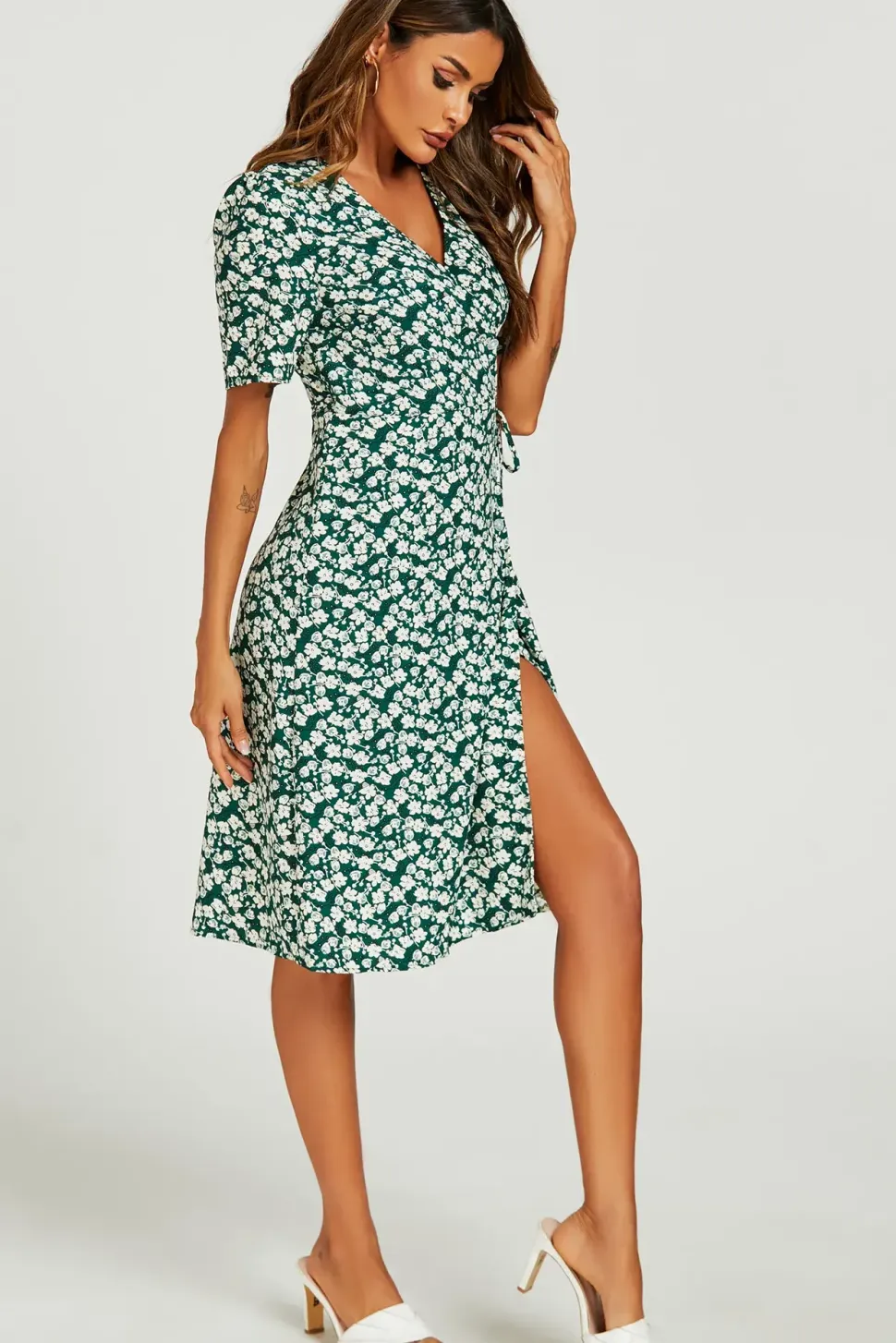 Floral Print Button Tea Midi Dress In Green