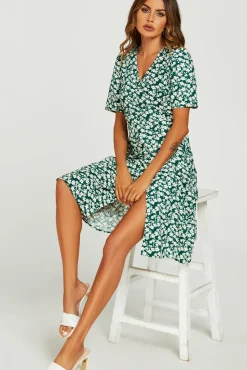 Floral Print Button Tea Midi Dress In Green