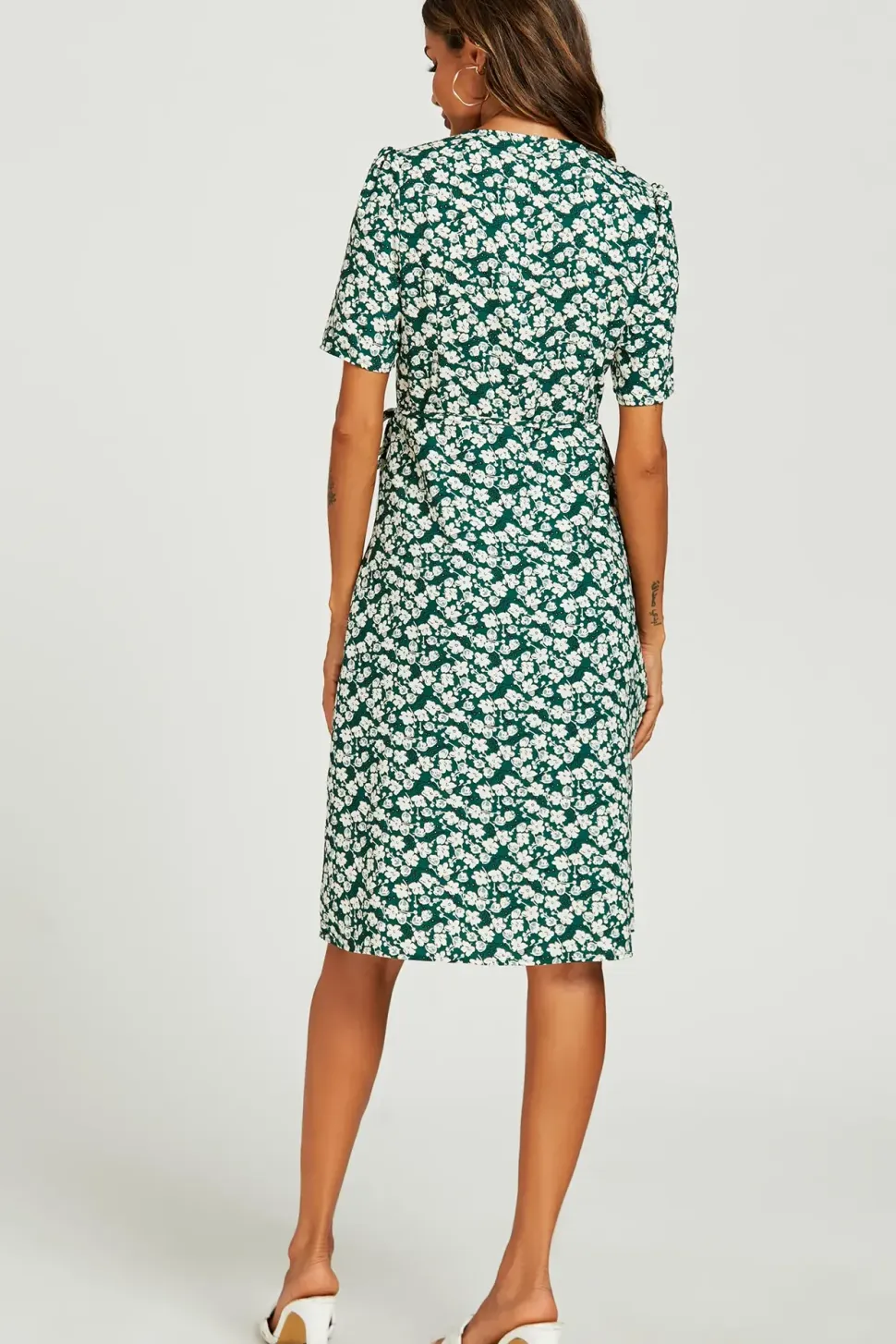 Floral Print Button Tea Midi Dress In Green