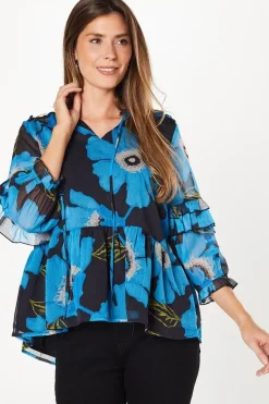 Floral Print Chiffon Ruffle Frill Boho Blouse
