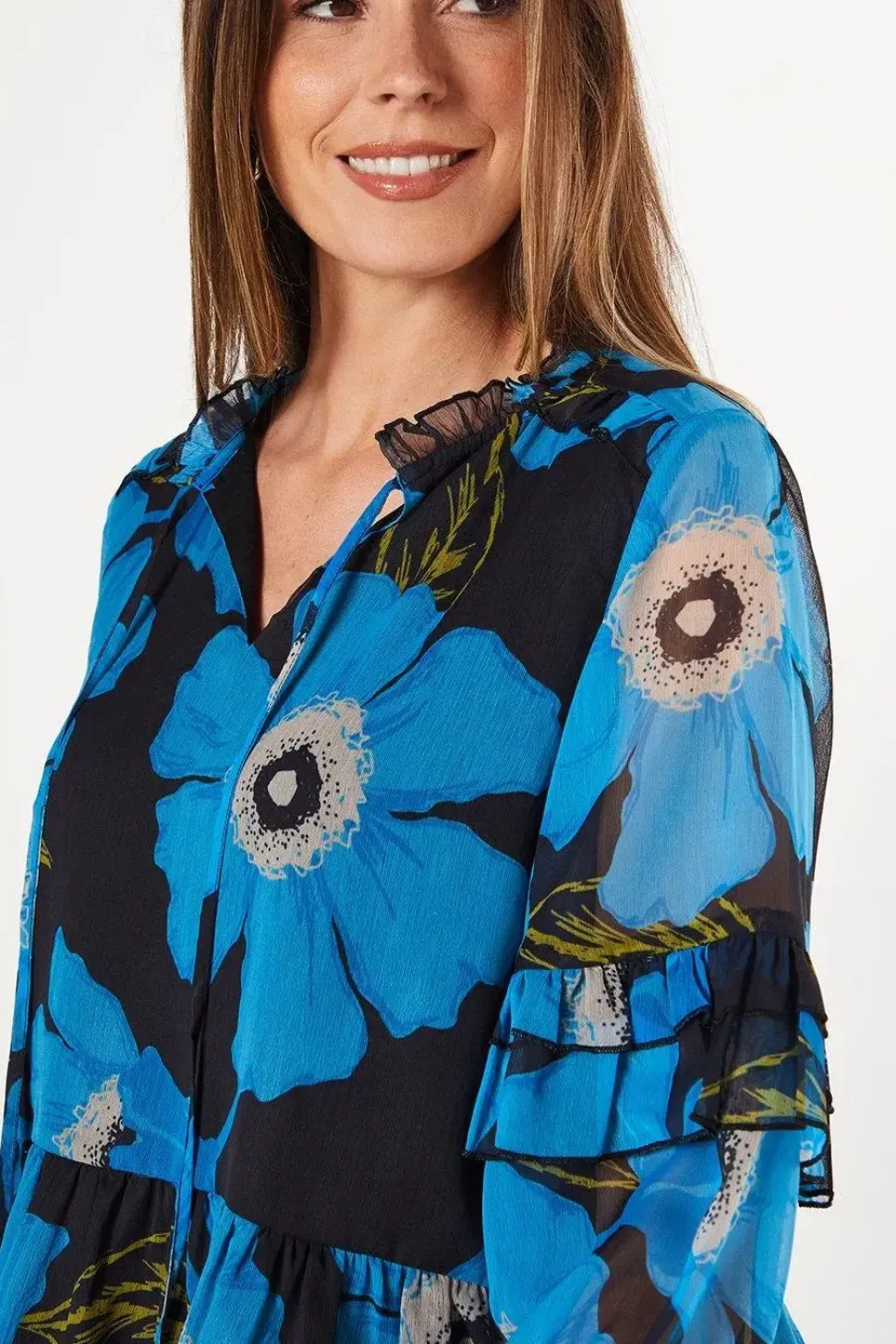 Floral Print Chiffon Ruffle Frill Boho Blouse