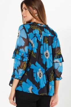 Floral Print Chiffon Ruffle Frill Boho Blouse