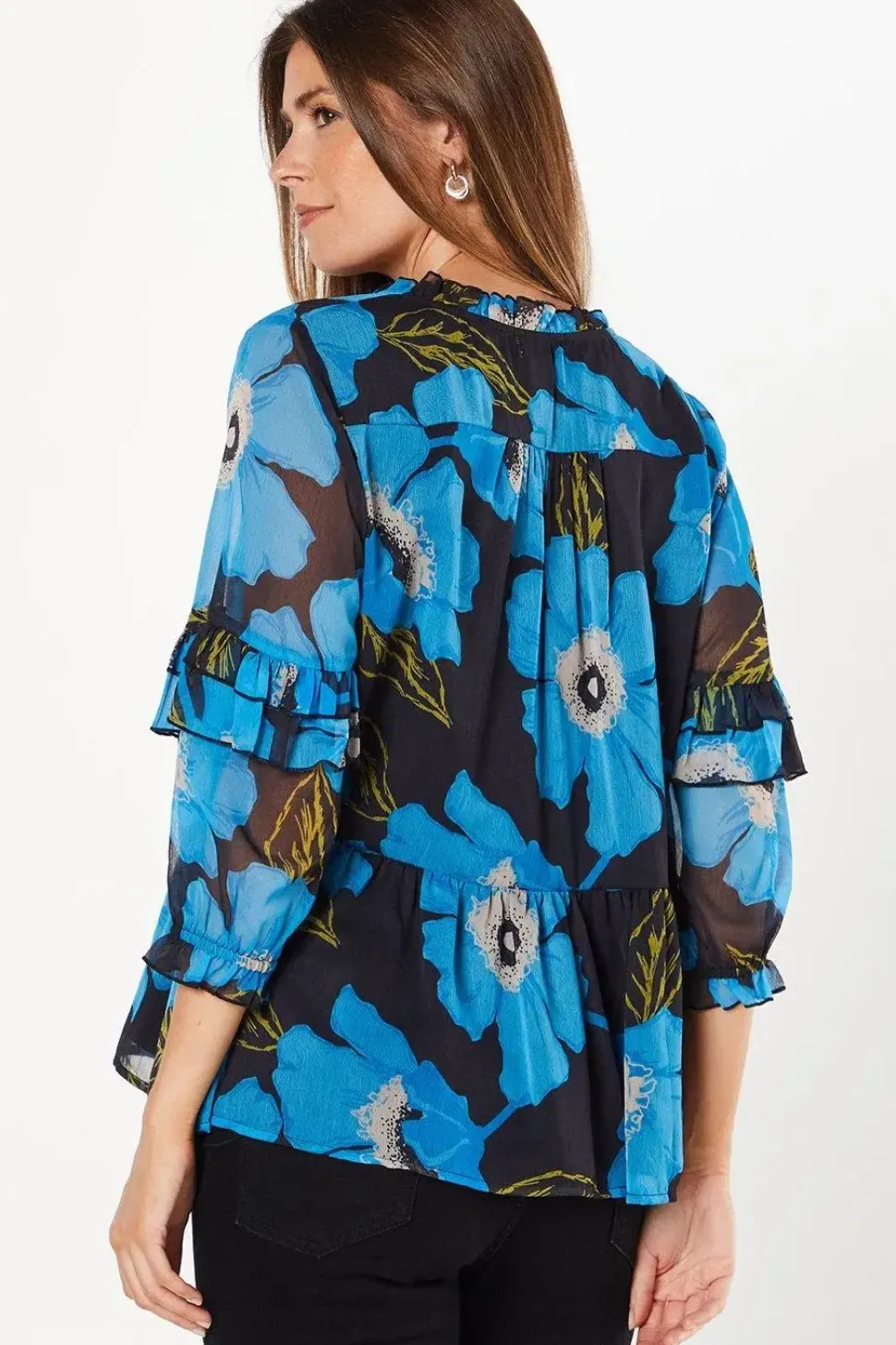 Floral Print Chiffon Ruffle Frill Boho Blouse