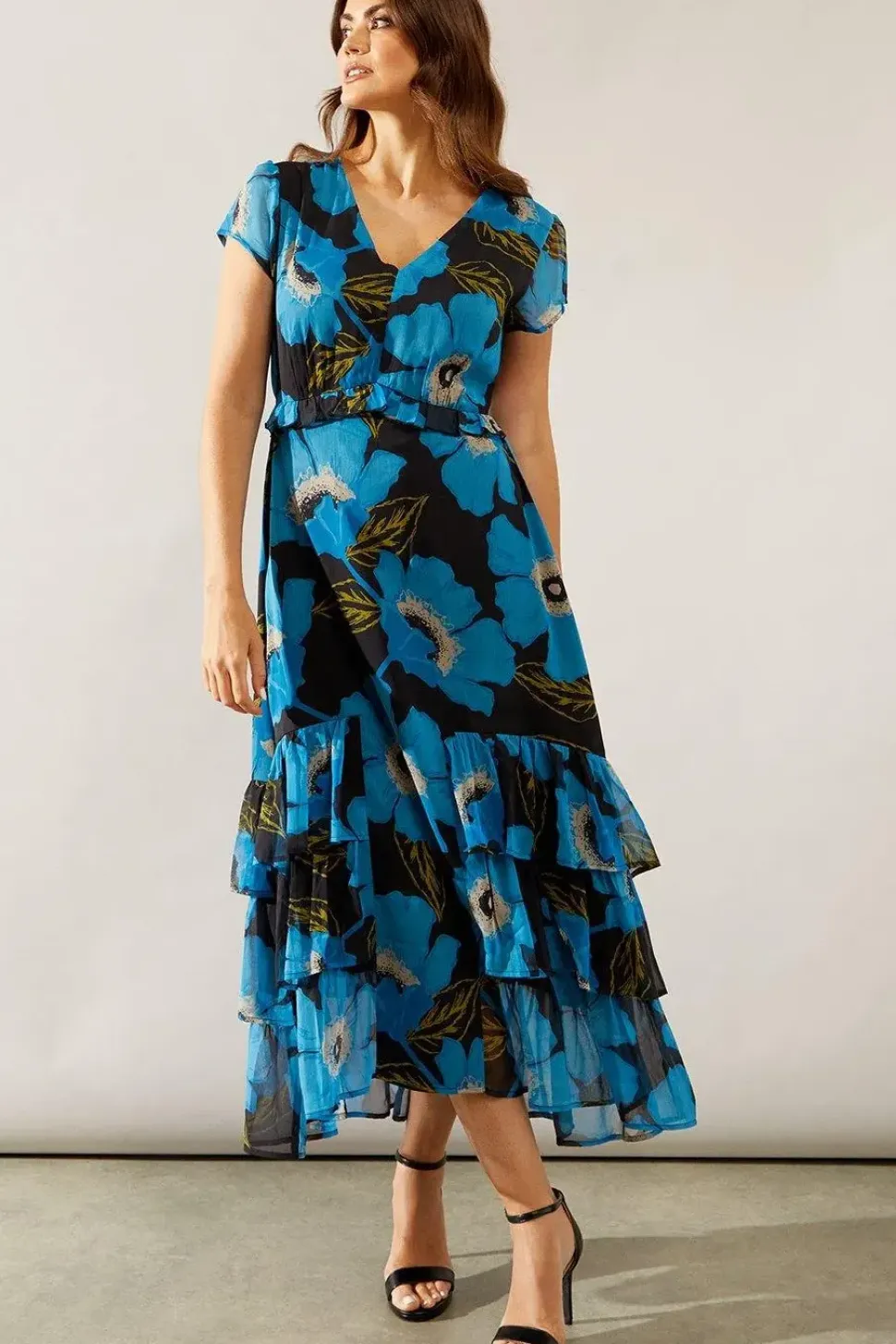 Floral Print Chiffon Ruffle Frill Maxi Dress