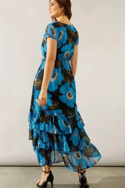 Floral Print Chiffon Ruffle Frill Maxi Dress