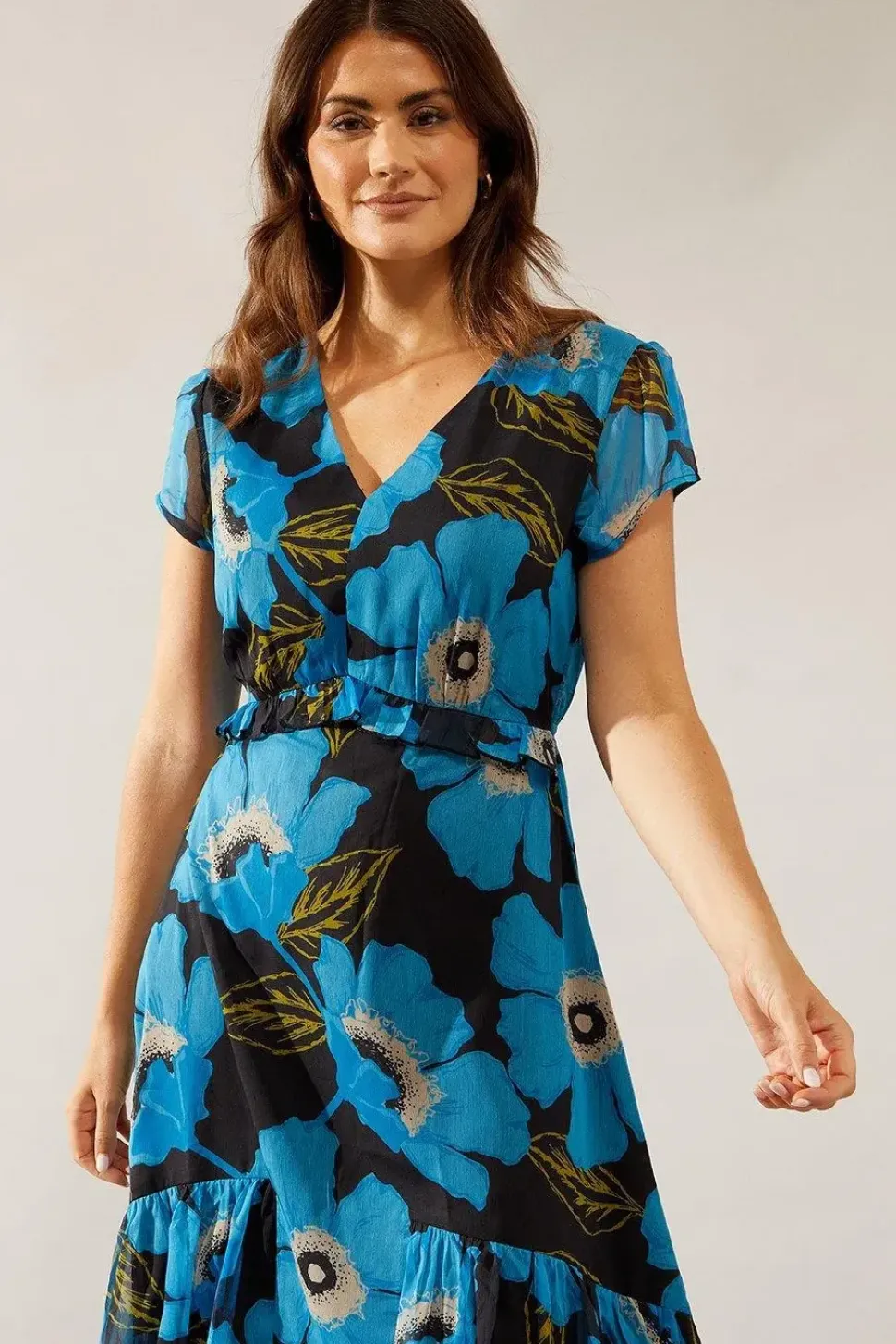 Floral Print Chiffon Ruffle Frill Maxi Dress
