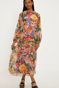 Floral Print Chiffon Tie Back Midi Dress