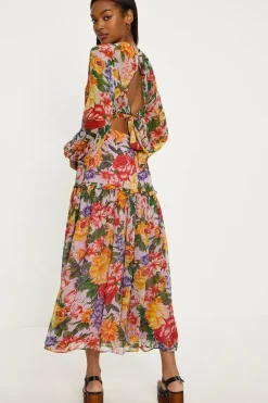 Floral Print Chiffon Tie Back Midi Dress