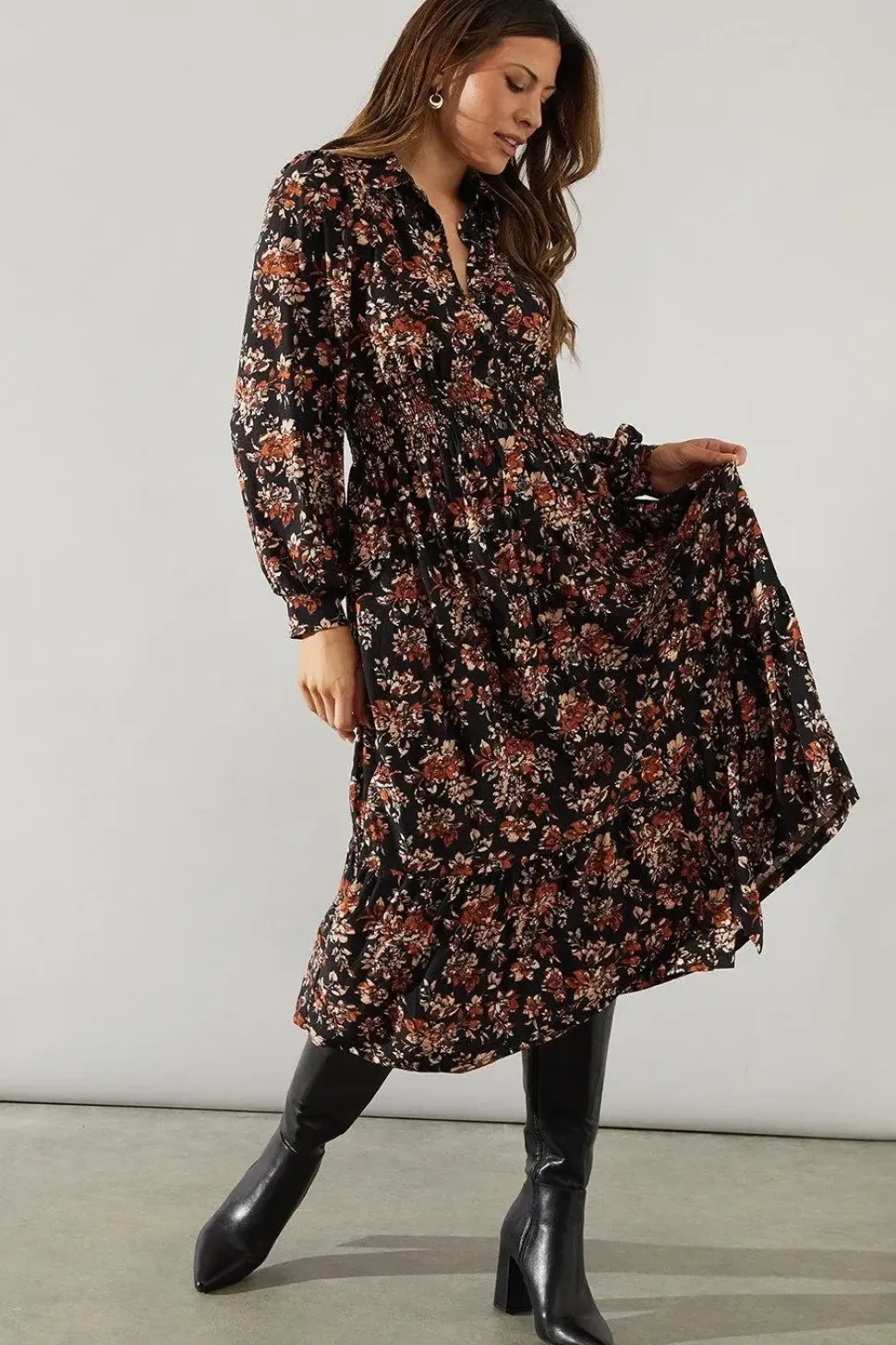 Floral Print Collared Midi Dress