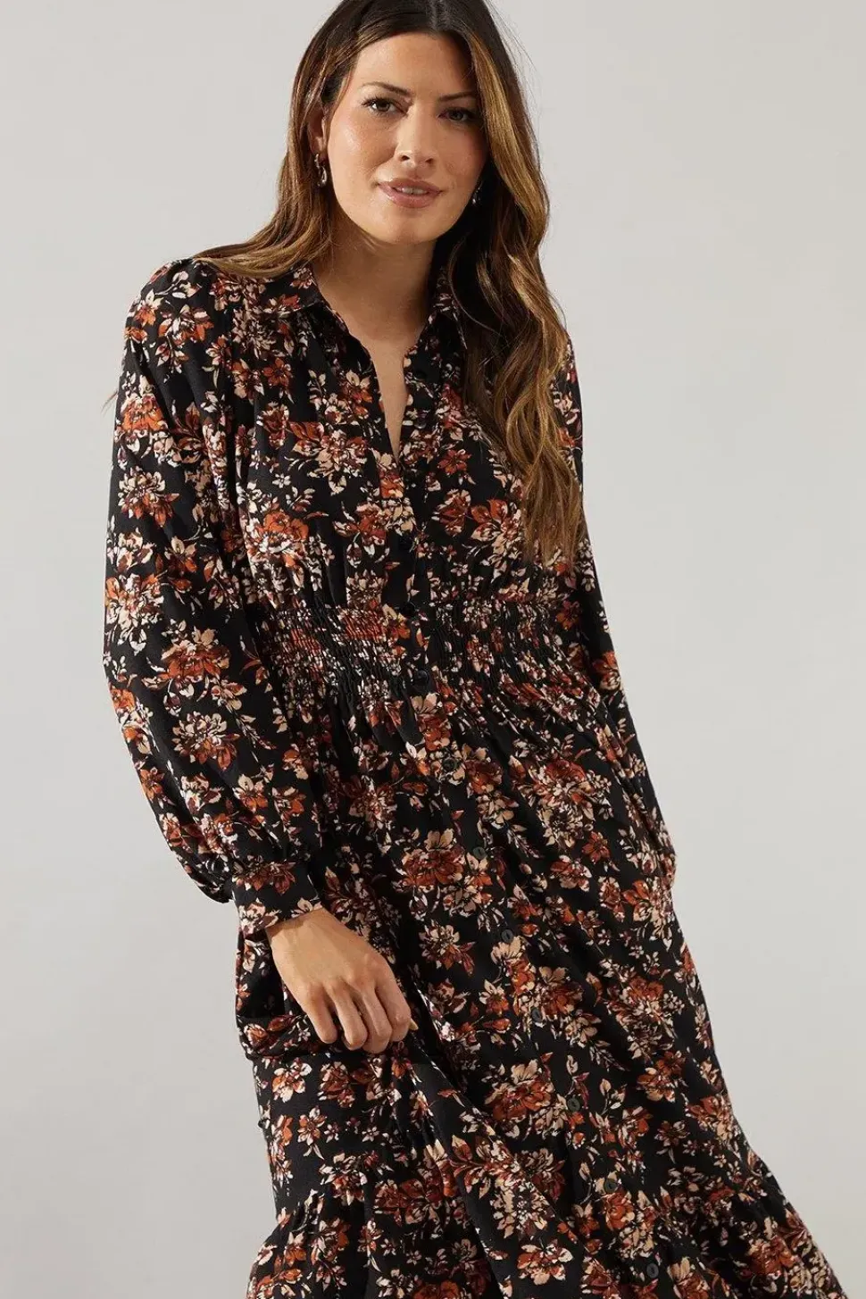 Floral Print Collared Midi Dress