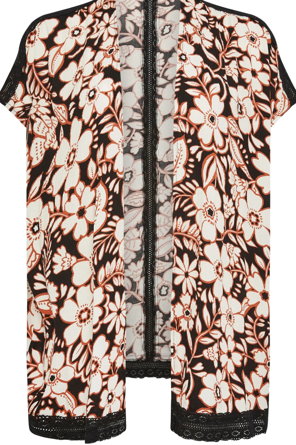 Floral Print Crochet Trim Kimono