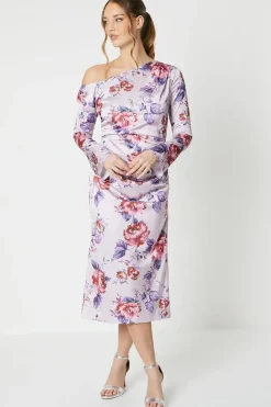 Floral Print Drape Satin Jacquard Midi Dress