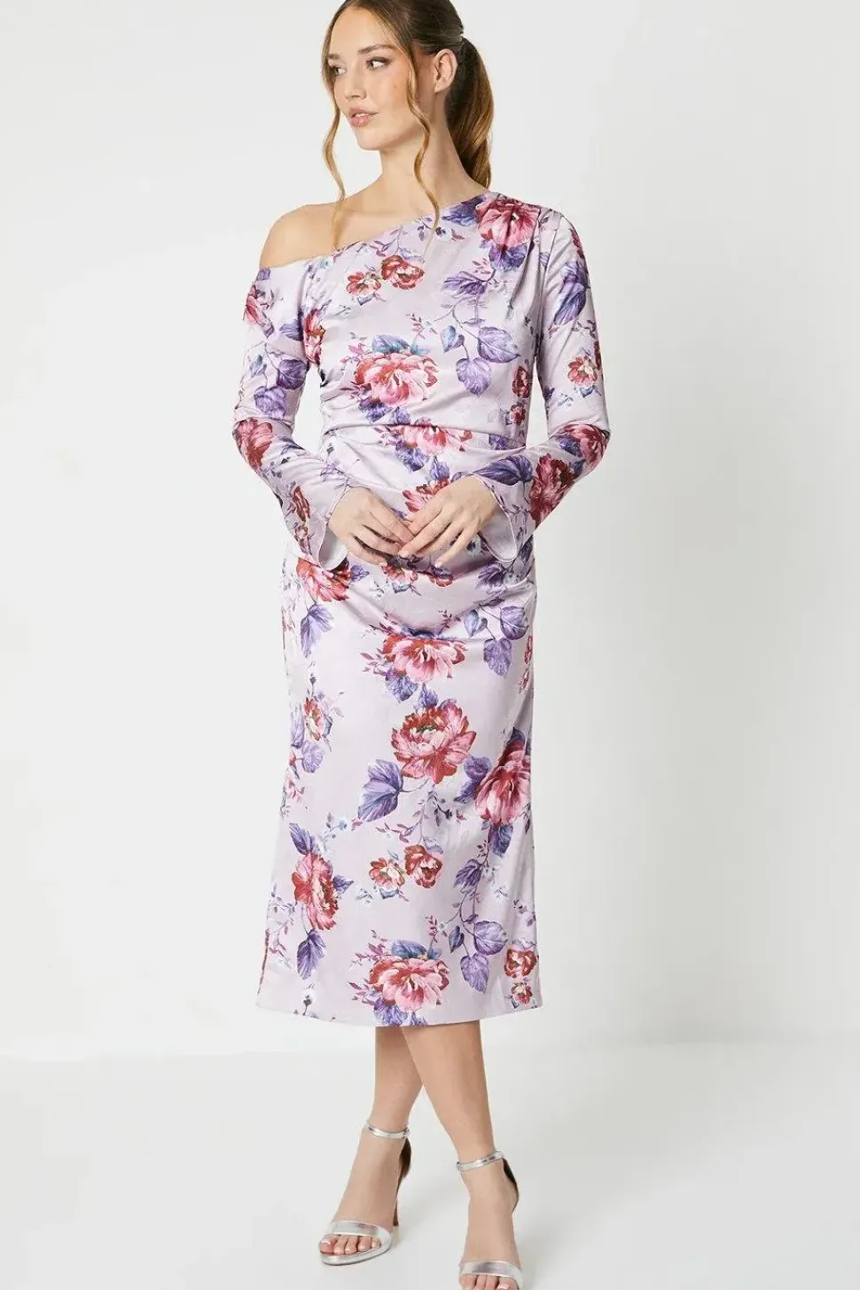Floral Print Drape Satin Jacquard Midi Dress