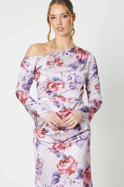 Floral Print Drape Satin Jacquard Midi Dress