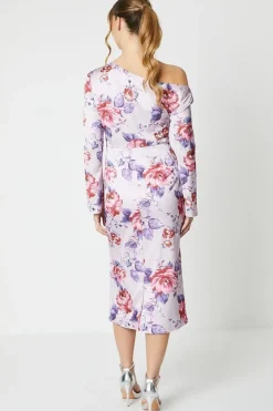 Floral Print Drape Satin Jacquard Midi Dress