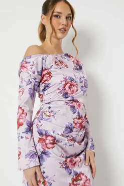 Floral Print Drape Satin Jacquard Midi Dress