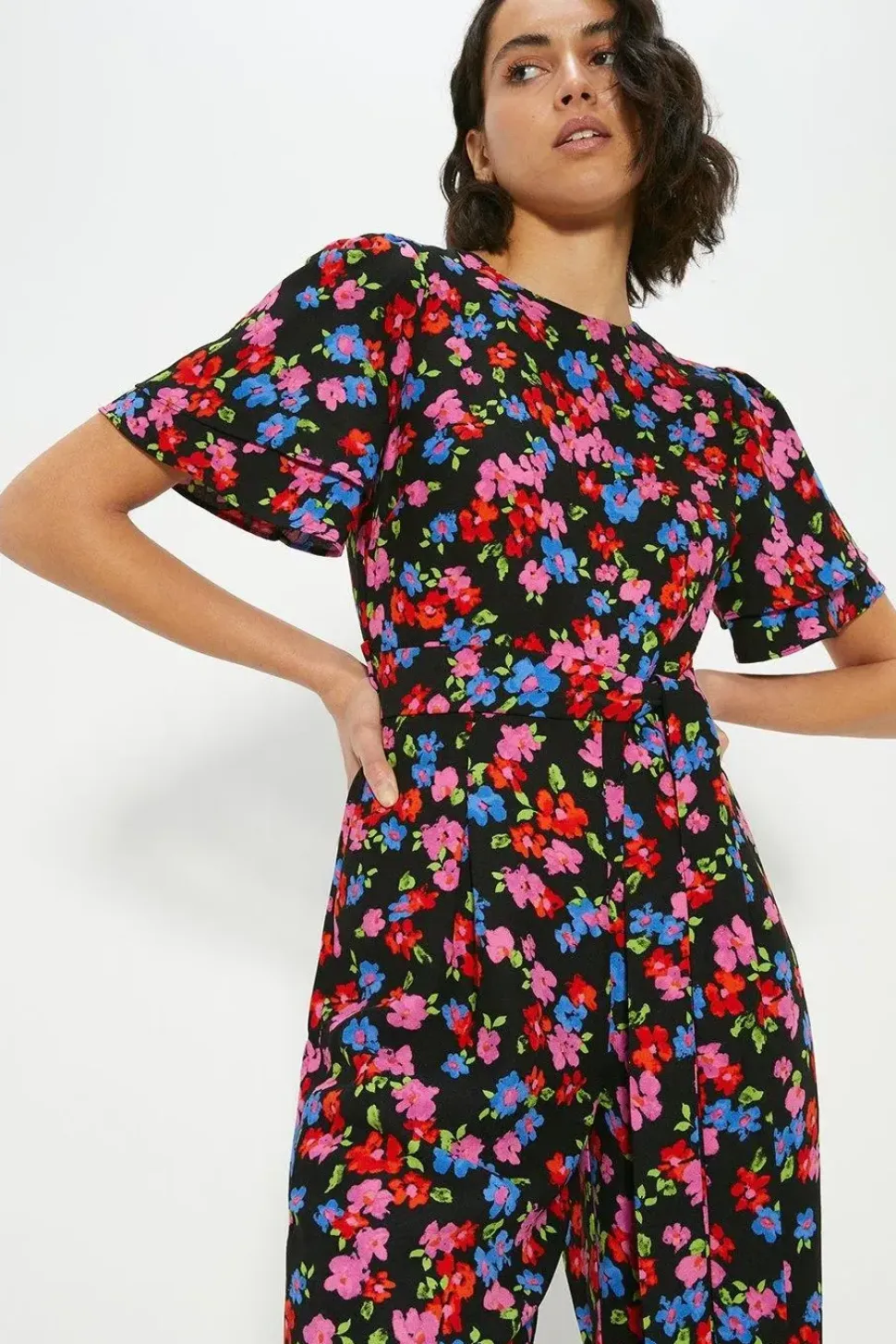 Floral Printed Crepe Belted Jumpsuit