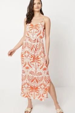 Floral Printed Crinkle Strappy Belted Midi Dress