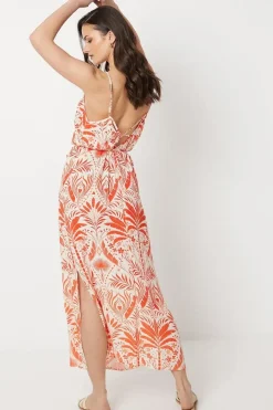Floral Printed Crinkle Strappy Belted Midi Dress
