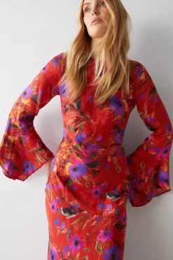 Floral Printed Fluted Sleeve Maxi Dress