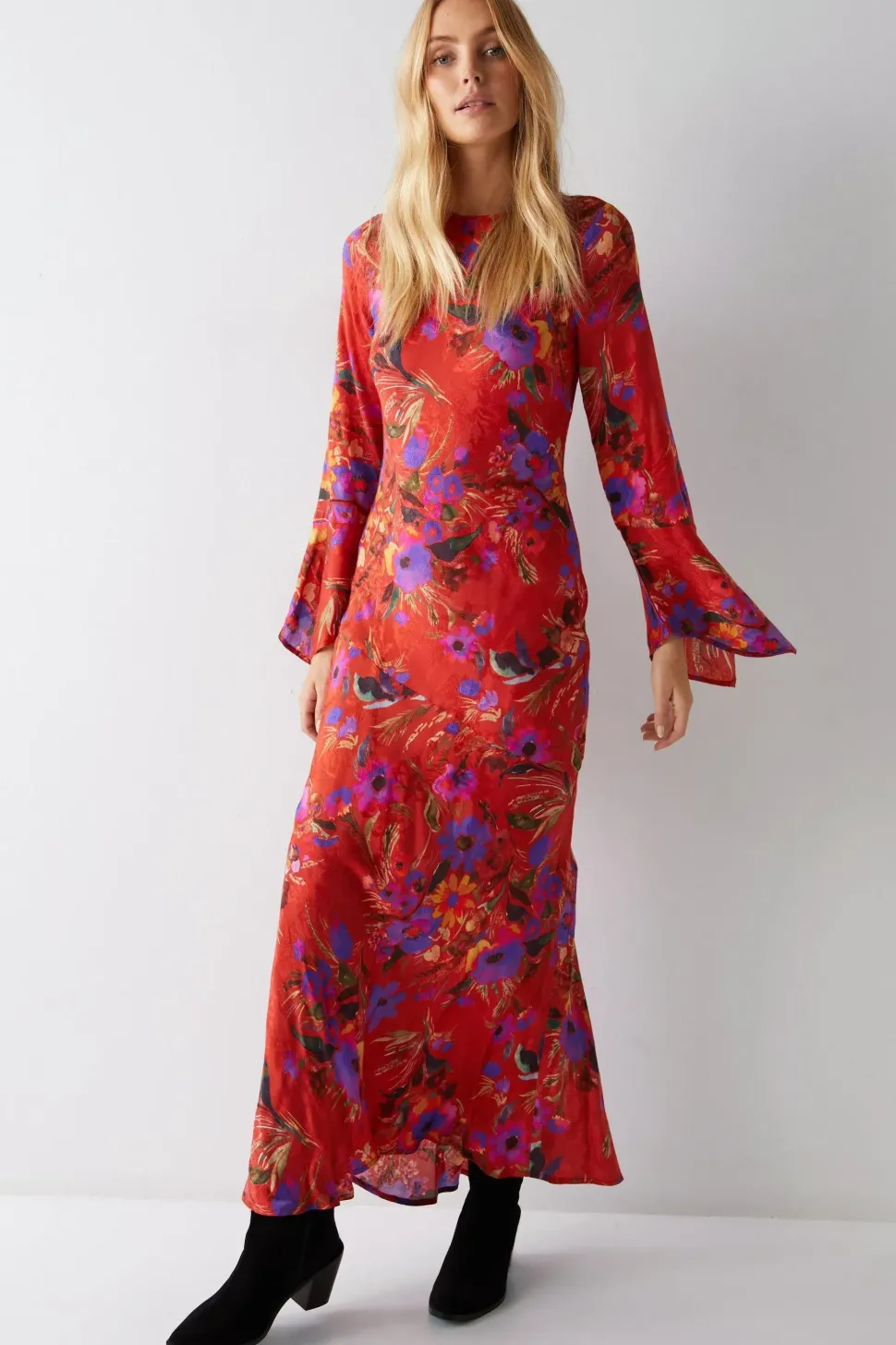 Floral Printed Fluted Sleeve Maxi Dress