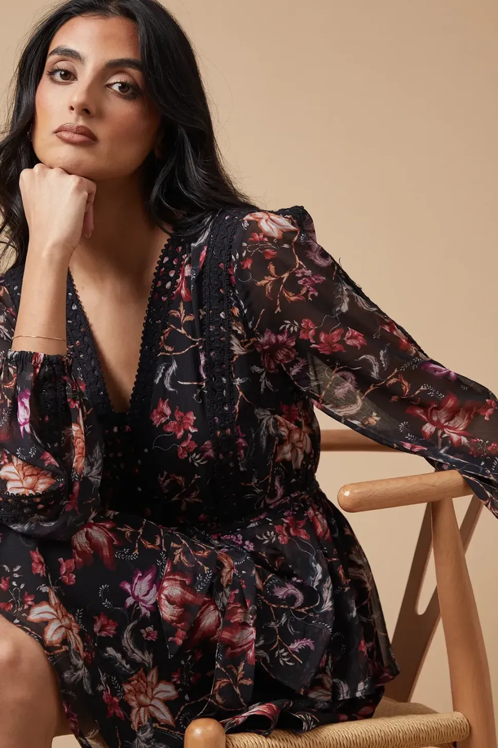 Floral Printed Lace Trim Tiered Belted Mini Dress